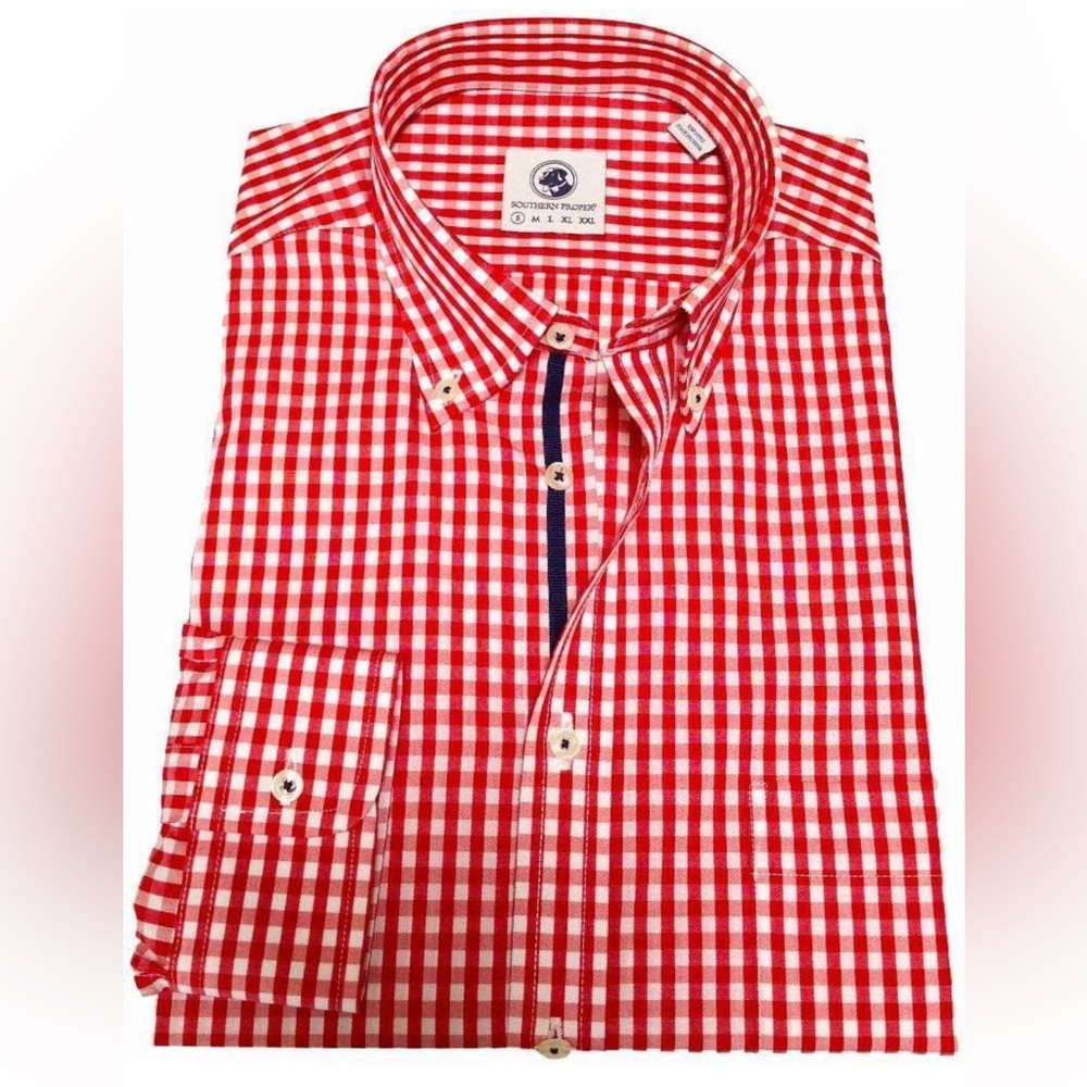 SOUTHERN PROPER Goal Line Button Down - Red Gingham Small Preppy Long sleeve